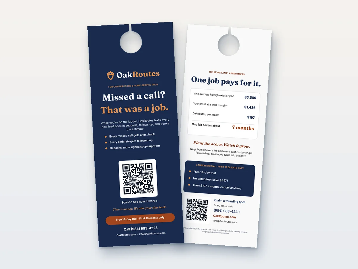 OakRoutes sample Door hanger, front and back